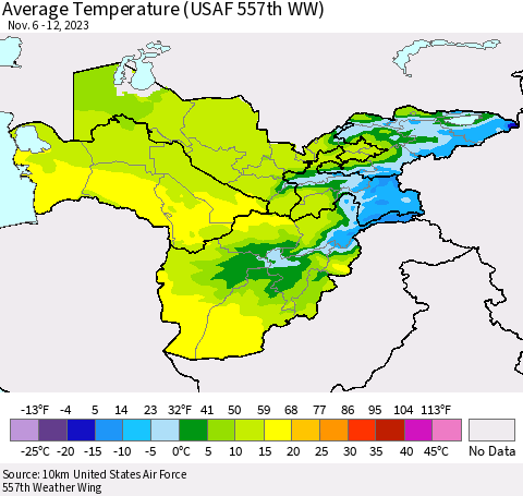Central Asia Average Temperature (USAF 557th WW) Thematic Map For 11/6/2023 - 11/12/2023