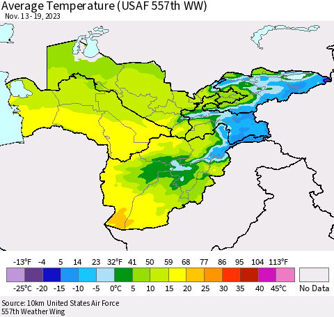 Central Asia Average Temperature (USAF 557th WW) Thematic Map For 11/13/2023 - 11/19/2023