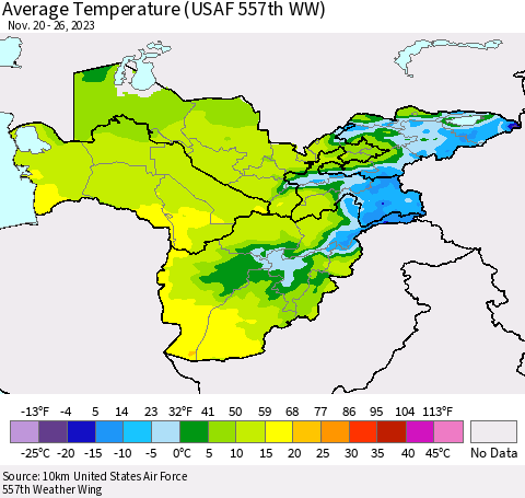 Central Asia Average Temperature (USAF 557th WW) Thematic Map For 11/20/2023 - 11/26/2023