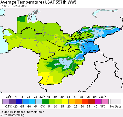 Central Asia Average Temperature (USAF 557th WW) Thematic Map For 11/27/2023 - 12/3/2023