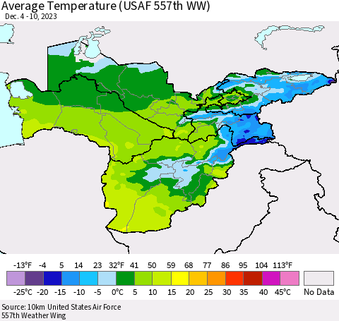 Central Asia Average Temperature (USAF 557th WW) Thematic Map For 12/4/2023 - 12/10/2023