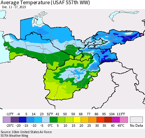 Central Asia Average Temperature (USAF 557th WW) Thematic Map For 12/11/2023 - 12/17/2023