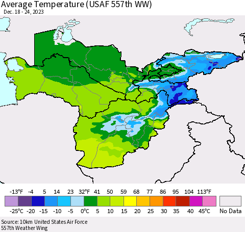 Central Asia Average Temperature (USAF 557th WW) Thematic Map For 12/18/2023 - 12/24/2023