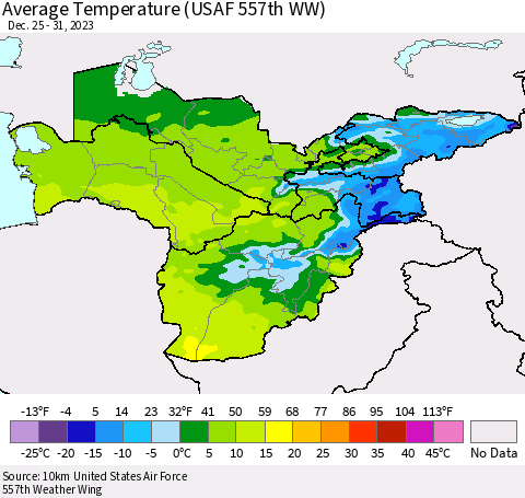 Central Asia Average Temperature (USAF 557th WW) Thematic Map For 12/25/2023 - 12/31/2023