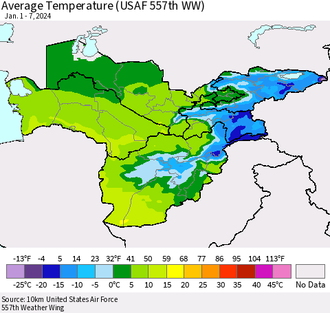 Central Asia Average Temperature (USAF 557th WW) Thematic Map For 1/1/2024 - 1/7/2024