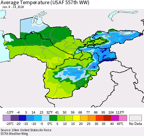 Central Asia Average Temperature (USAF 557th WW) Thematic Map For 1/8/2024 - 1/14/2024