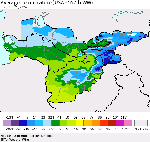 Central Asia Average Temperature (USAF 557th WW) Thematic Map For 1/15/2024 - 1/21/2024