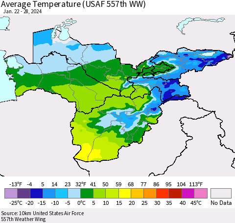 Central Asia Average Temperature (USAF 557th WW) Thematic Map For 1/22/2024 - 1/28/2024