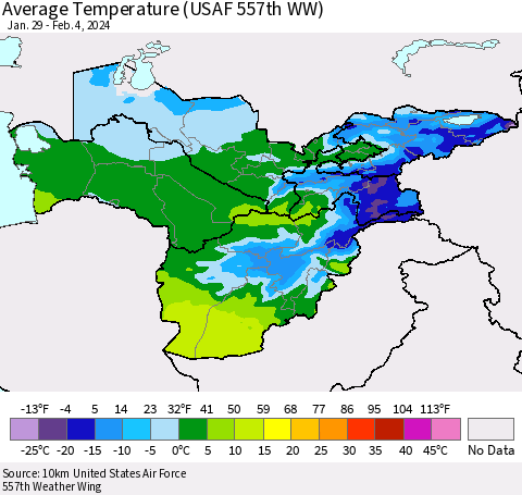 Central Asia Average Temperature (USAF 557th WW) Thematic Map For 1/29/2024 - 2/4/2024