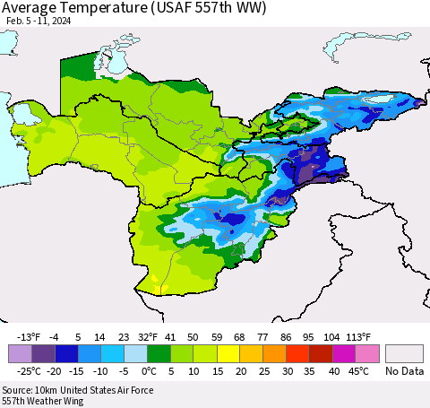 Central Asia Average Temperature (USAF 557th WW) Thematic Map For 2/5/2024 - 2/11/2024