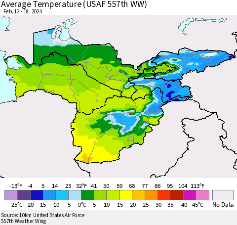 Central Asia Average Temperature (USAF 557th WW) Thematic Map For 2/12/2024 - 2/18/2024