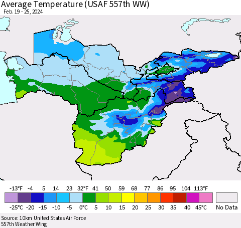 Central Asia Average Temperature (USAF 557th WW) Thematic Map For 2/19/2024 - 2/25/2024