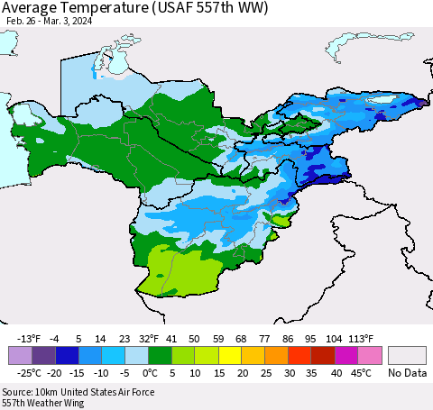 Central Asia Average Temperature (USAF 557th WW) Thematic Map For 2/26/2024 - 3/3/2024