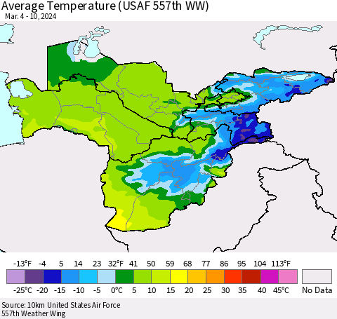 Central Asia Average Temperature (USAF 557th WW) Thematic Map For 3/4/2024 - 3/10/2024