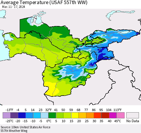 Central Asia Average Temperature (USAF 557th WW) Thematic Map For 3/11/2024 - 3/17/2024