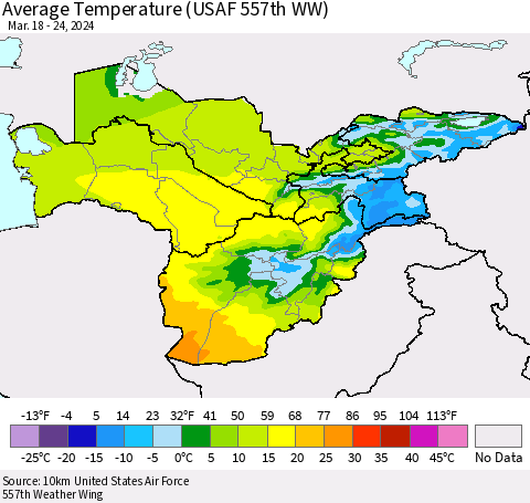 Central Asia Average Temperature (USAF 557th WW) Thematic Map For 3/18/2024 - 3/24/2024