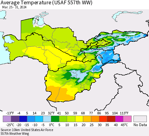 Central Asia Average Temperature (USAF 557th WW) Thematic Map For 3/25/2024 - 3/31/2024