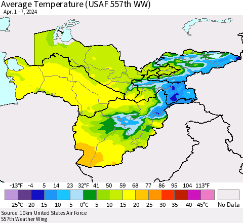 Central Asia Average Temperature (USAF 557th WW) Thematic Map For 4/1/2024 - 4/7/2024