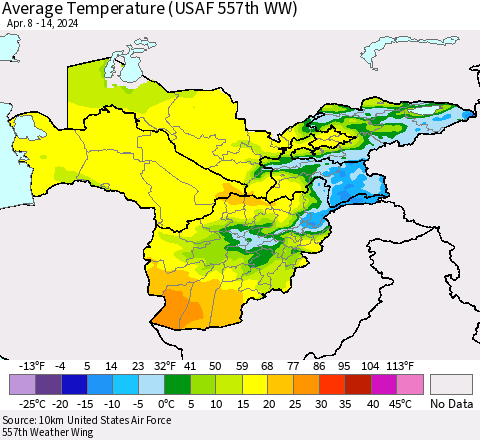 Central Asia Average Temperature (USAF 557th WW) Thematic Map For 4/8/2024 - 4/14/2024