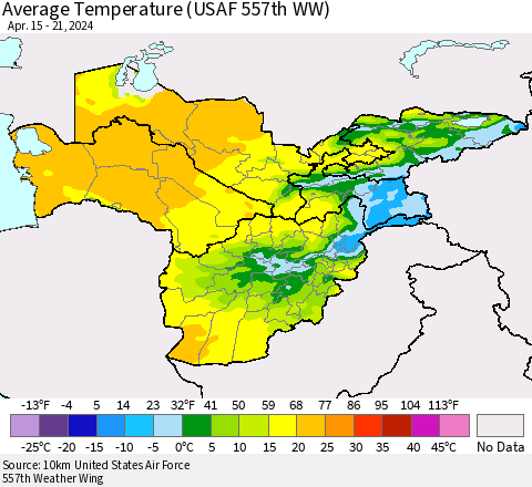 Central Asia Average Temperature (USAF 557th WW) Thematic Map For 4/15/2024 - 4/21/2024