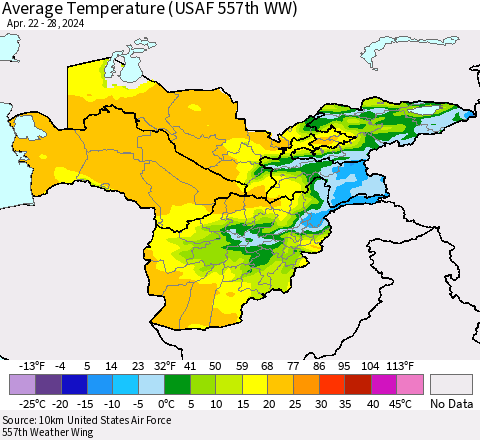 Central Asia Average Temperature (USAF 557th WW) Thematic Map For 4/22/2024 - 4/28/2024