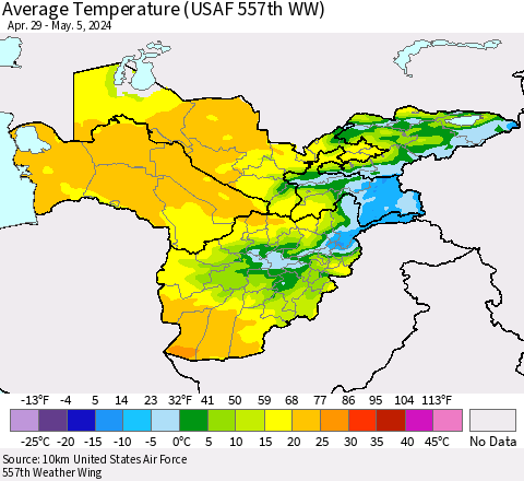 Central Asia Average Temperature (USAF 557th WW) Thematic Map For 4/29/2024 - 5/5/2024