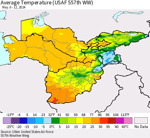 Central Asia Average Temperature (USAF 557th WW) Thematic Map For 5/6/2024 - 5/12/2024