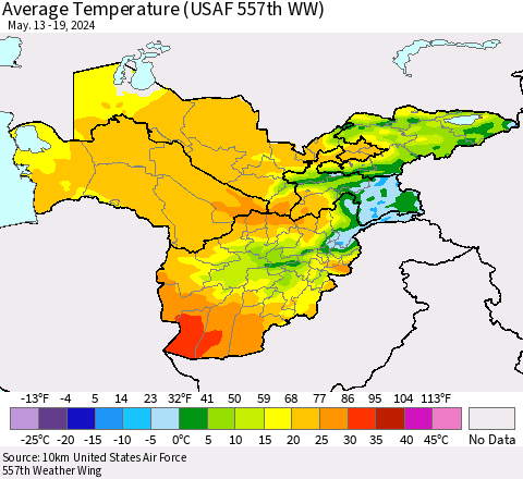 Central Asia Average Temperature (USAF 557th WW) Thematic Map For 5/13/2024 - 5/19/2024