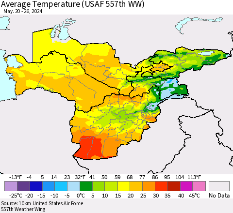 Central Asia Average Temperature (USAF 557th WW) Thematic Map For 5/20/2024 - 5/26/2024