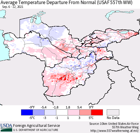 Central Asia Average Temperature Departure from Normal (USAF 557th WW) Thematic Map For 9/6/2021 - 9/12/2021