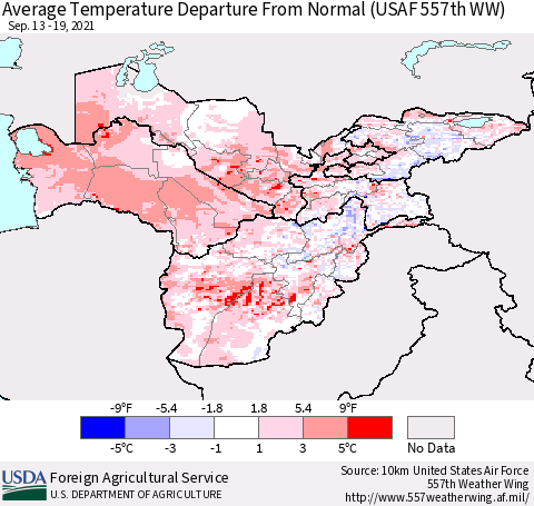 Central Asia Average Temperature Departure from Normal (USAF 557th WW) Thematic Map For 9/13/2021 - 9/19/2021