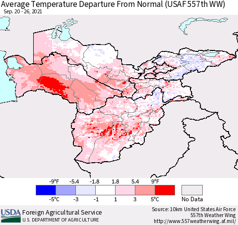 Central Asia Average Temperature Departure from Normal (USAF 557th WW) Thematic Map For 9/20/2021 - 9/26/2021