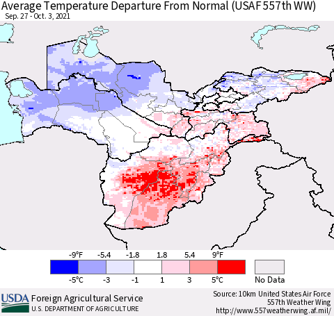 Central Asia Average Temperature Departure from Normal (USAF 557th WW) Thematic Map For 9/27/2021 - 10/3/2021