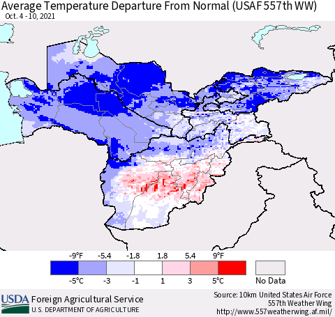 Central Asia Average Temperature Departure from Normal (USAF 557th WW) Thematic Map For 10/4/2021 - 10/10/2021