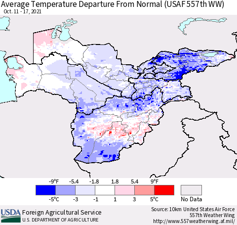 Central Asia Average Temperature Departure from Normal (USAF 557th WW) Thematic Map For 10/11/2021 - 10/17/2021