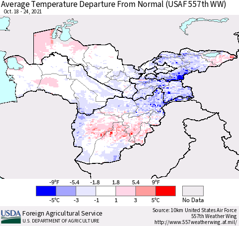 Central Asia Average Temperature Departure from Normal (USAF 557th WW) Thematic Map For 10/18/2021 - 10/24/2021