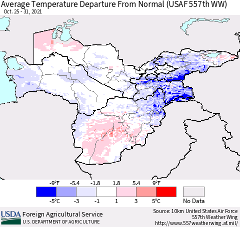 Central Asia Average Temperature Departure from Normal (USAF 557th WW) Thematic Map For 10/25/2021 - 10/31/2021