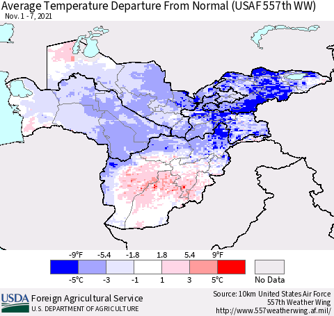 Central Asia Average Temperature Departure from Normal (USAF 557th WW) Thematic Map For 11/1/2021 - 11/7/2021