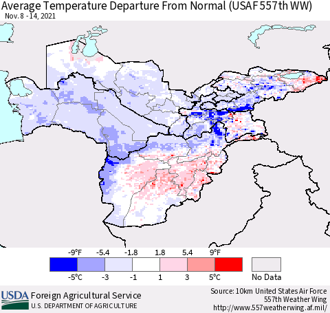 Central Asia Average Temperature Departure from Normal (USAF 557th WW) Thematic Map For 11/8/2021 - 11/14/2021