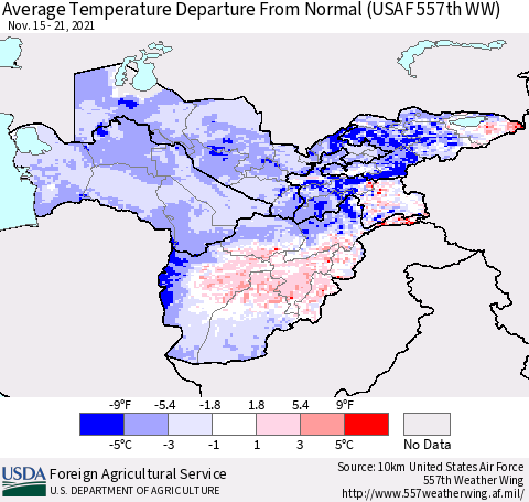 Central Asia Average Temperature Departure from Normal (USAF 557th WW) Thematic Map For 11/15/2021 - 11/21/2021
