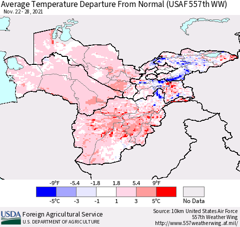 Central Asia Average Temperature Departure from Normal (USAF 557th WW) Thematic Map For 11/22/2021 - 11/28/2021