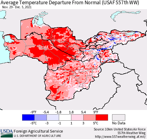 Central Asia Average Temperature Departure from Normal (USAF 557th WW) Thematic Map For 11/29/2021 - 12/5/2021