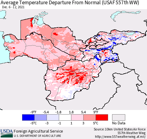 Central Asia Average Temperature Departure from Normal (USAF 557th WW) Thematic Map For 12/6/2021 - 12/12/2021