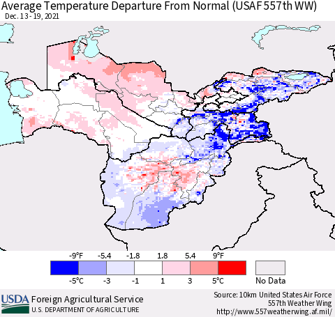Central Asia Average Temperature Departure from Normal (USAF 557th WW) Thematic Map For 12/13/2021 - 12/19/2021