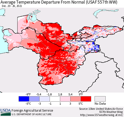 Central Asia Average Temperature Departure from Normal (USAF 557th WW) Thematic Map For 12/20/2021 - 12/26/2021
