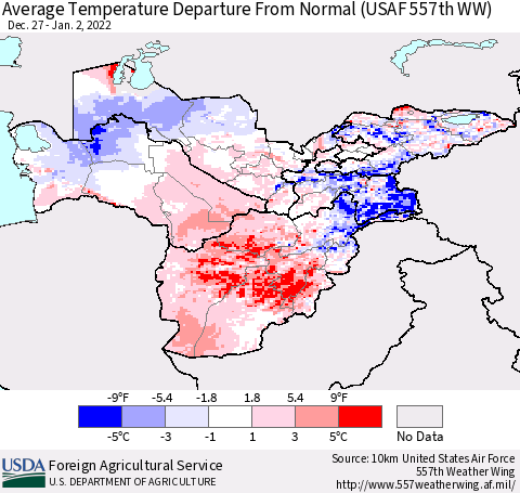 Central Asia Average Temperature Departure from Normal (USAF 557th WW) Thematic Map For 12/27/2021 - 1/2/2022