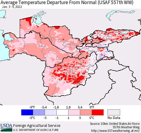 Central Asia Average Temperature Departure from Normal (USAF 557th WW) Thematic Map For 1/3/2022 - 1/9/2022