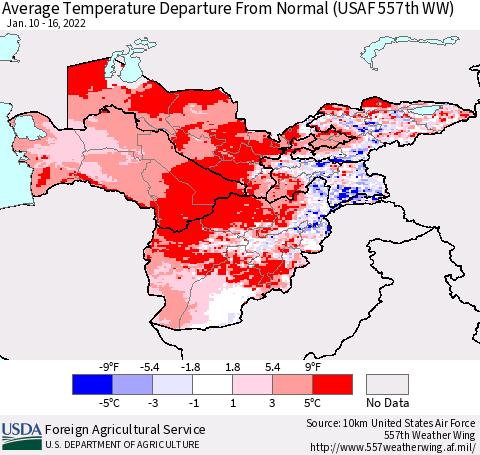 Central Asia Average Temperature Departure from Normal (USAF 557th WW) Thematic Map For 1/10/2022 - 1/16/2022