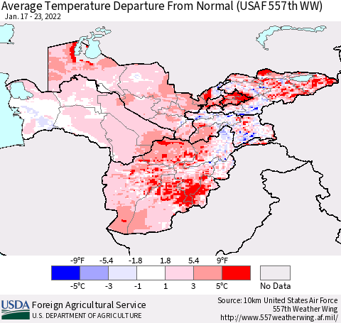 Central Asia Average Temperature Departure from Normal (USAF 557th WW) Thematic Map For 1/17/2022 - 1/23/2022
