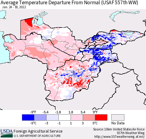 Central Asia Average Temperature Departure from Normal (USAF 557th WW) Thematic Map For 1/24/2022 - 1/30/2022